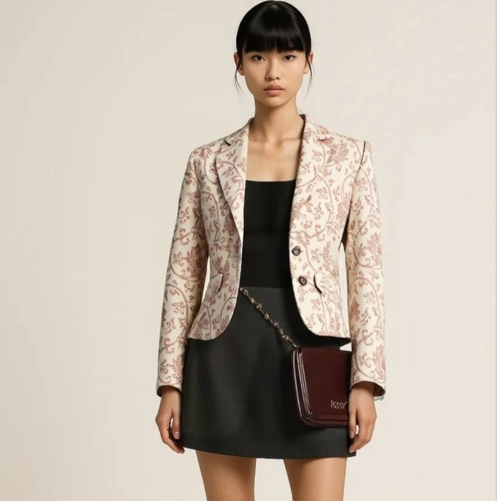 Tristan Jacquard Fitted Cropped Blazer pink & cream w Brocade Textured Detail